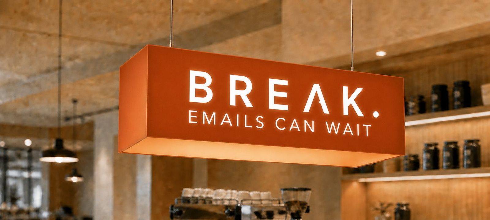BREAK café counter with its orange sign